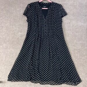 MSK Women's Black Polka Dot‎ Pleated V Neck A Line Short Sleeve Dress Size 16